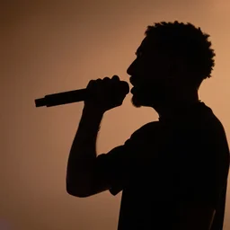 silhouette of rapper performing, microphone, profile view, realistic, 4k
