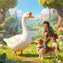 a big white goose is bullying a dog by wenjun lin, irakli nadar, bright colors, octopath traveler, wenjun lin, unreal engine 5 highly rendered, global illumination, radiant light, detailed and intricate environment