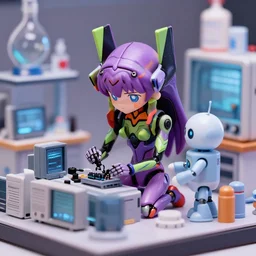 color digital photo of ball - jointed dolls inside a diorama of a laboratory : : a cute female long - haired robot inspired by evangelion is repairing computers. she is being helped by a robot that resembles a household appliance.
