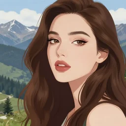 beautiful woman with long brown hair and luscious lips, scenic view, mountain landscape, artstyle : high quality anime and ilya kuvshinov