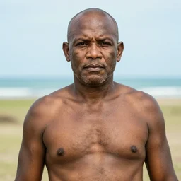 an award winning outdoors portrait photo of a dirty old head shaven french chubby 1 7 0 0 s dirty caribbean olive tanned pirate with shaved head and curly grey dirty beard, crooked big stern face, blue eyes, wearing a vest and short coat, sunset, movie color graded