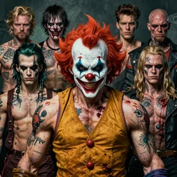 8 k portrait of tough horrifying godlike psychedelic clown from macfarlane comics, ( ( ( smirk ) ) ) detailed vfx tattoos by craig mullins, ilya kuvshinov, indomitable, saiyan hair, krenz cushart, bloody clothes, muscular, symmetry accurate features, epic, artgerm trending on artstation by edward hopper and beksinski carl spitzweg moebius