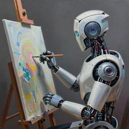 very beautiful and detailed painting of a robot artist painting on a canvas, cyberpunk style digital art