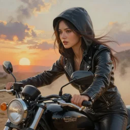 extremely detailed hyperrealistic oil painting, close - up of a woman dressed in leather with a hood riding a motorcycle, sunset, lots of dust and smoke clouds