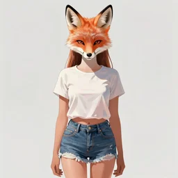 fullbody portrait of wild half - fox woman with fox nose and ears, wearing summer jeans shorts and tshirt, anime art, concept art, detailed attractive face with fox nose and fox mouth, symmetrical, trending on pixiv, by lois van baarle by sung choi by john kirby artgerm style pascal blanche and magali villeneuve