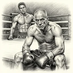 highly detailed pencil sketch of a retired boxer sitting outside the boxing ring by todd mcfarlane and joe madureira