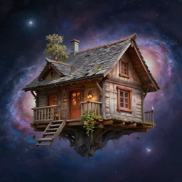 a hyper - detailed 3 d render like an oil painting of cabin in galaxy floating inside our own mind!!!!! surreal concept art, lifelike, photorealistic, digital painting, aesthetic, smooth, sharp focus, artstation hd, by greg rutkowski, bruce pennington, valentina remenar, rhads, asher duran,
