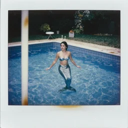 a mermaid in pool in a backyard, slightly burn-damaged polaroid photograph, circa 1997