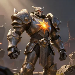 animated armor that looks with a sun emblem on his chest, far - mid shot photo, style of magic the gathering, dungeons and dragons, fantasy, intimidating