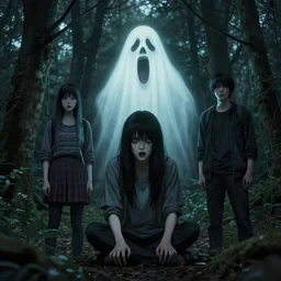 in the style of sui ishida, junji ito, rafael albuquerque, shinsui ito, transparent ghost screaming, in the woods, moody lighting