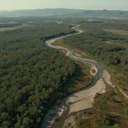 realistic full height cinematic rothko picture stunning dry river delta aerial view of dense swampland by denis villeneuve and hiroshi yoshida, highly detailed intricate particle simulation in houdini, distant mountain range, hyperrealism, moorland, matte painting, trending on artstation, 8 k very hight detail, rendered in octane