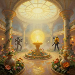 bright central sphere fish eye lens a bright minimalist bioluminescent oil painting by donato giancola, warm coloured, cinematic scifi luxurious futuristic foggy steam filled victorian garden mall interior with microscopy radial windows flowers growing out of pretty bulbous ceramic fountains, gigantic pillars and flowers, maschinen krieger, beeple, star trek, star wars, ilm, atmospheric perspective
