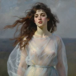 painting of beautiful woman standing in the wind, translucent dress blowing in the wind, highly detailed, by john william waterhouse, artstation, surreal, dramatic lighting, close up