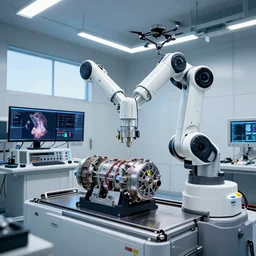 a complex thick bifurcated robotic cnc surgical arm cybernetic symbiosis hybrid mri 3 d printer machine making large ferrari motors in inspection laboratory control panel room, 4 k, large monitor screens, knobs, drone camera lens orbs, even global illumination, octane render, windows, architectural photography, f 1 8, still from movie by denis villeneuve,