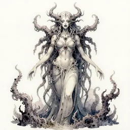 a watercolor ink painting of the primordial eldritch goddess of fear and insanity in her natural domain in the style of jean giraud in the style of moebius trending on artstation deviantart pinterest detailed realistic hd 8 k high resolution