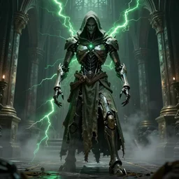 character design, biomechanical arcanist, castle halls, tattered robe and hood, green lightning, fog, scary, arrogant, hostile, photorealistic, cinematic, hyper realistic, octane render, 8 k, full shot