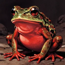 undead hermit the frog, red skin, dark eyes, by kentaro miura, long shot view