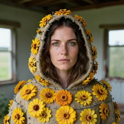 a closeup portrait of a woman wearing a hooded cloak made of zinnias and barbed wire, in a derelict house, by Olivia Bee, natural light, detailed face, CANON Eos C300, ƒ1.8, 35mm, 8K, medium-format print