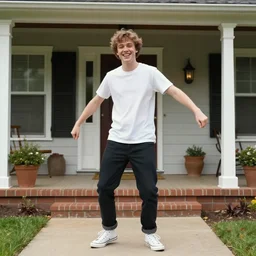 bo burnham outside of his house, smiling and dancing