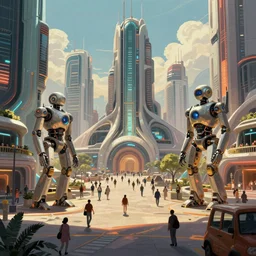 street level view of busy plaza in retrofuturistic robot city. sharp digital painting. retrofuturism. concept art. artstation. casey weldon. digital render. dan mumford.