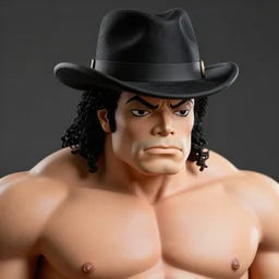 macro head shot 8 5 mm of calm michael jackson oversized muscular hulk! powerlifter rockstar wrestler with fedora hat by neca!!! pretty! beautiful! shirtless muscular black pants gold shiny military armor jacket very detailed realistic action figure by neca in the style of ryo kusanagi, character from king of fighters, film still, bokehs