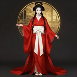 beautiful luxurious elf girl in the style of english colonization costume, japanese fashion of the 1 9 th century, modern, art deco, full length, front camera view, with japanese braided hair in a bun, white makeup, red lips, stylization, concept, red kimono dress with white bow at the waist, artstation, arcane netflix style, graceful, geisha, severe beauty