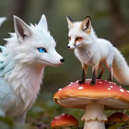 dragon staring at a fox that is white and has one blue eye one brown eye and is standing on a giant mushroom that is red