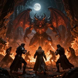 dark fantasy, movie the lord of the rings, magical wizard battle with the balrog demon in fire filled caves, cinematic, octane render, art station, dramatic lighting, beautiful moonlight night, concept art, rococo, photorealistic, intense detail, 8 k