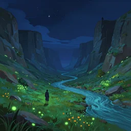 concept art by jama jurabaev and ismail inceoglu and sparth, cel shaded, cinematic shot, trending on artstation, high quality, brush stroke, vibrant colors, under the silent night sky, mysterious canyon streams, lawns, fluorescent spots, luminous flowers, and lonely atmosphere