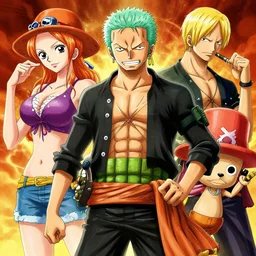 monkey d luffy's crew from one piece ( 1 9 9 7 ) digital art, roronoa zoro, nami, chopper, sanji, trending on artstation, incredibly detailed, vibrant, award winning, intricate