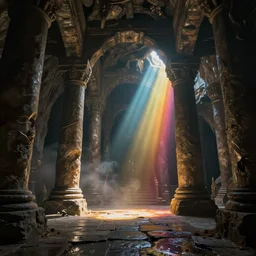 a fantasy ruined dwarven hall interior in cave, huge columns, wet floors, high ceiling, dark moody lighting, foggy atmosphere, god rays, bright colors, matte painting by Dylan Cole and Denis Villeneuve, low angle view