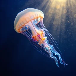 award winning underwater photo of a breathtaking jellyfish, colorful Cyanea Capillata made of pure energy, bokeh, god's rays, Sigma 10-20mm