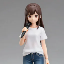 girl with straight brown hair blank white tee shirt and bluejeans holding a black microphone in hand, a nendoroid figurine, realistic face, detailed, product photography
