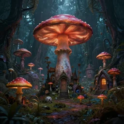 psychedelic mushroom houses, post apocalyptic, dark fantasy, liminal space, dark paradise, digital art, 4 k