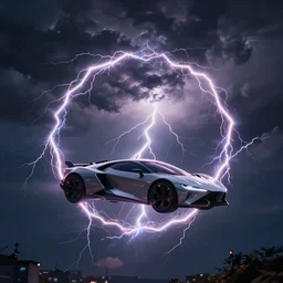 futuristic flying car circumscribed by a circle made of lightning, in the sky, thunderstorm at night, 28mm dramatic photo