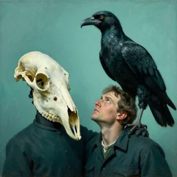 mesozoic, teal gloomy by norman rockwell, by zinaida serebriakova. a installation art of a man, with an animal skull for a head, & a large bird perched on his shoulder. the man is looking up at the bird with a fierce expression, & the bird is looking back at him with an equally intense gaze.