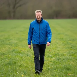 steven bonnell ii in a blue jacket walking in a field, 5 0 mm sigma lens, sony a 7 siii