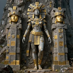 beautiful aztec inca angelina joile colossus full body well proportioned pacing to cliffs by eddie mendoza hyperrealism expressive eyes cyborgess symmetrical very very detailed giger beksinski grey and gold