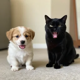 black cat yawning next to puppy dog wide angle
