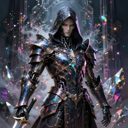 Ultra realist and ultra intricate dark detailed painting of an powerful hooded gothic armor iridescent assassin king, human face biomechanical complex body with iridescent processor microchips, 3D render, symmetry, rich style, glowing iridescent sparks and smoke behind, crystallic cyberpunk megastructure background, artstation, colorful, badass, dark ominous stealth, colorful lens flares, brandishing futuristic sword, unreal render, depth of field
