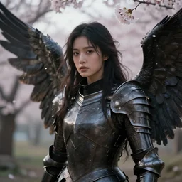 masterpiece closeup portrait of a female angel with a dark armour a surreal landscape with Sakura blossoms, cinematic lighting, Jayison Devadas style, 8k