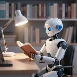 a robot reading a book sitting in a desk chair and on the table a desk lamp turned on, in the background many books