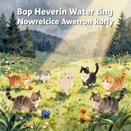 watercolor illustration style, cute! cats!!! play with different funny toys