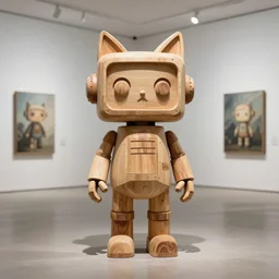 8k octan photo ,a wooden sculpture art toys on feet minimalist ,very cute robot zen with cat ears ,cyberpunk ,brutalist ,a contemporary art gallery