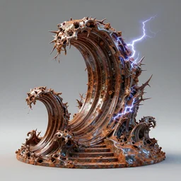 3 d render of a rusty biopunk sculpture, waves and steps, organic chrometype, liquid metal, neotribal thorns, raytraced, volumetric lightning, 8 k, by zhelong xu and innate studio