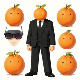 character design sheet illustrated by yoji shinakawa, anthromorphic orange fruit wearing a black suit