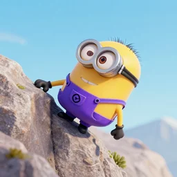 purple minion in suit climbing a mountain, 3 d render, top down view