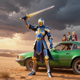 blue and gold knight in desert standing next to green car, he holds a gold sword to the sky, storm clouds, sunset, sci fi digital painting, unreal engine 5, photorealism, hd quality, 8 k resolution, cinema 4 d, 3 d, cinematic, professional photography, art by artgerm and greg rutkowski and alphonse mucha and loish and wlop, berserk, manga