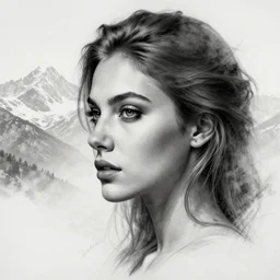 tattoo design sketch of an extremely beautiful woman face next to a faded background of beautiful mountains on her side, hyper - realistic, double exposure effect, in the style of den yakovlev, amazing detail, black and white, faded