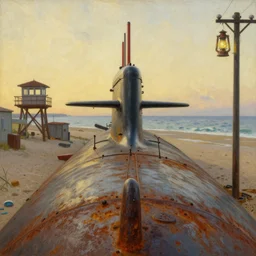 ant point of view, painting by dean cornwell, nc wyeth painting, ultra wide, vanishing point, 3 d perspective, beached submarine, incredible, award winning, up close, climbing, beaching, rust, sadness, golden hour, junk town, lanterns, lookout tower, telephone pole